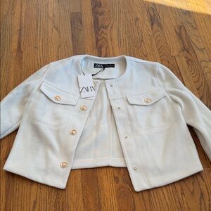 Zara Off-White Cropped Jacket with Gold Accents